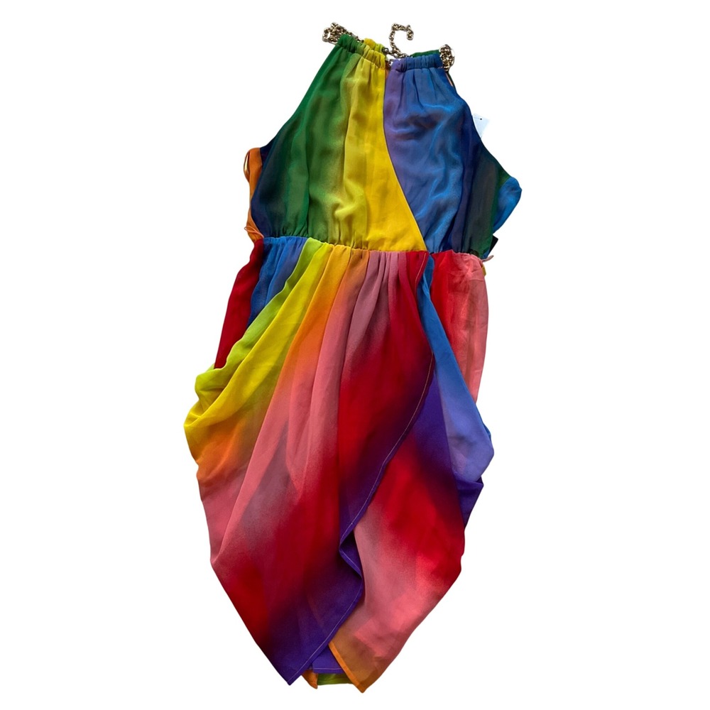 New York & Company Rainbow Ombre Halter Wrap Dress Gold Chain Neck Midi Sz M NWT - Picture 3 of 14